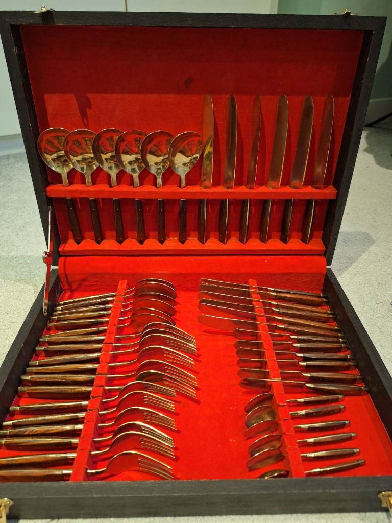 Vintage 48-Piece Thai Brass & Rosewood Cutlery Canteen Set - Mid-Century Modern