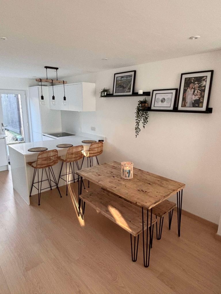 Reclaimed Wood Table and 2 benches with hairpin legs 