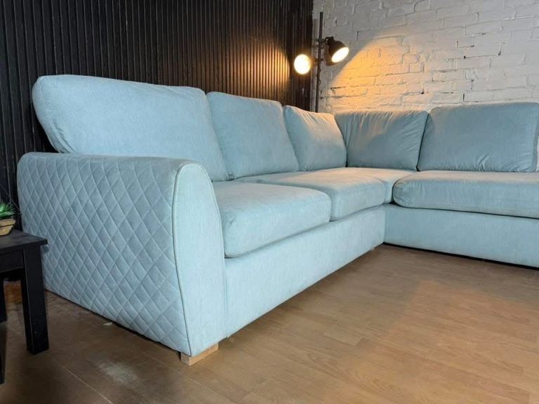 DFS ORKA Baby Blue Corner Sofa, Swivel Chair & Footstool Set