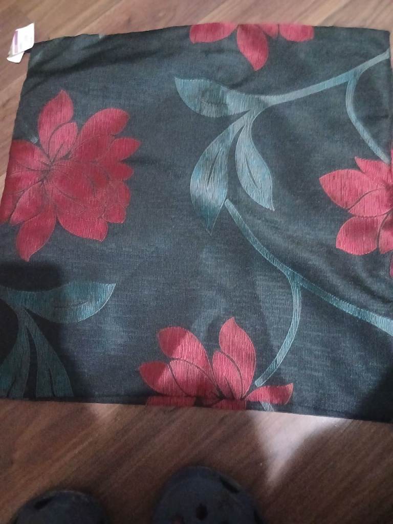 Floral Pattern Cushion Cover - Black with Red Flowers, Good Condition