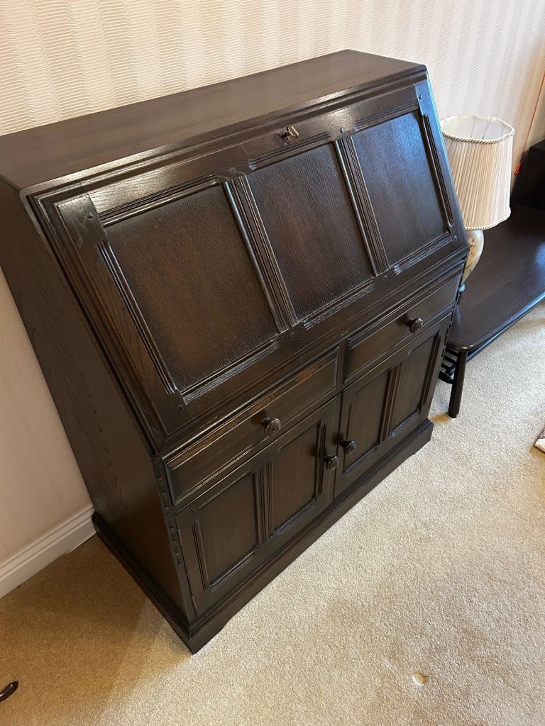 Excellent Condition Ercol Dark Wood Bureau With Fitted Interior