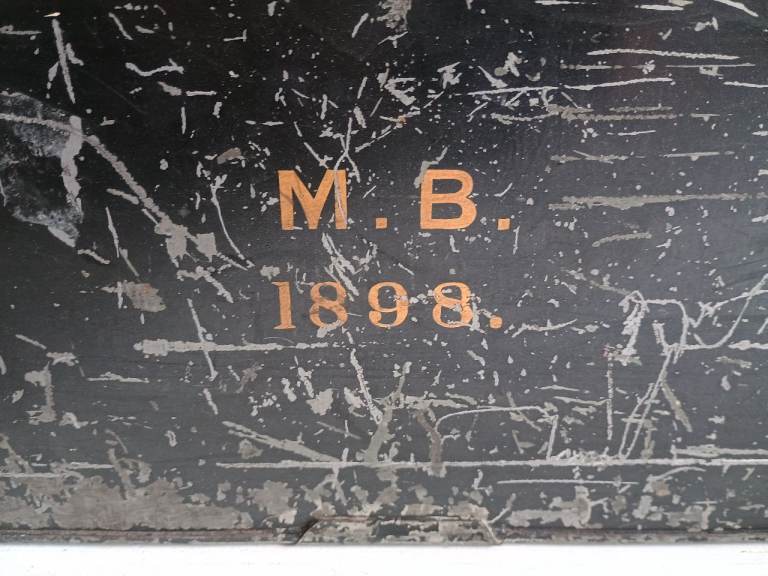 Vintage storage case metal military travel trunk dated 1899