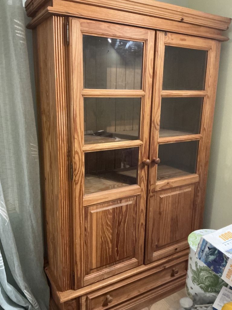Solid Wood Display Cabinet with Glass Doors and Drawer