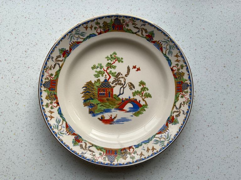 Oriental Scene, Decorated Japanese Plate with Pagoda, Bridge, Trees, River, Boat, Cream/Beige colour