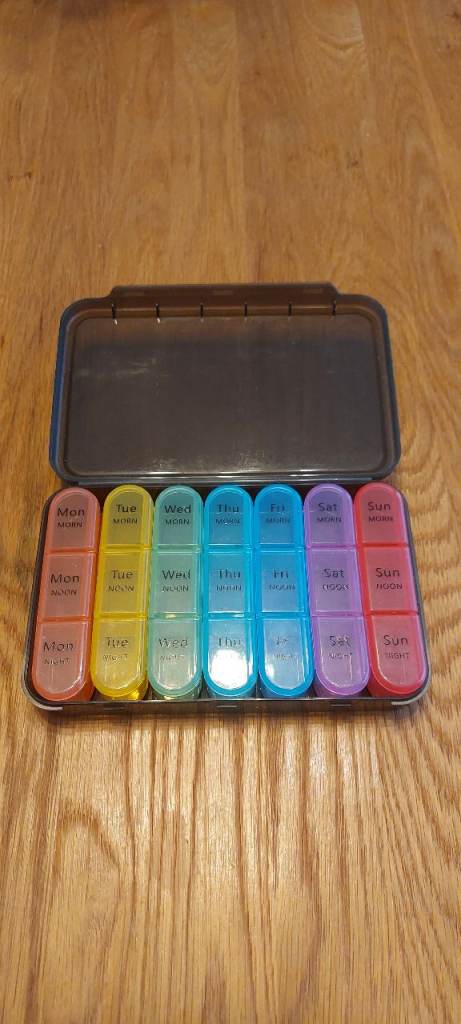 Pill box. 7 day 3 times a day. Morning, Noon, Night.