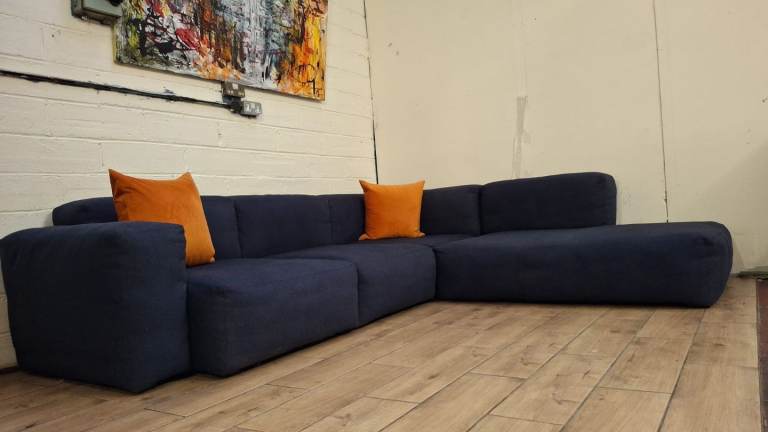 Hay Mags Modular Soft low arms corner sofa in navy blue cotton RRP £5900