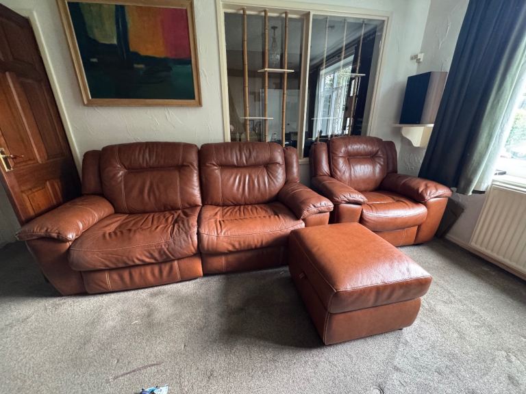 DFS Electric Leather Reclining Sofa, Chair & Footstool 