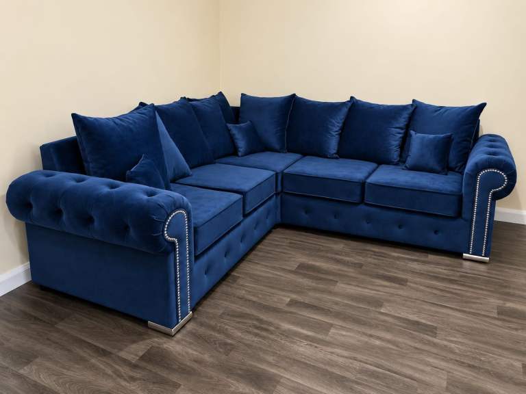 Top Quality Navy Blue Ashwin 5 Seater Corner Sofa Set | Plush Velvet | Next day delivery