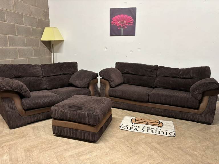 BROWN 3 SEATER 2 SEATER & FOOTSTOOL 