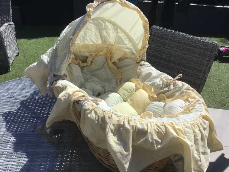 Moses basket with mattress and quilt pillow and dress skirt and hood 