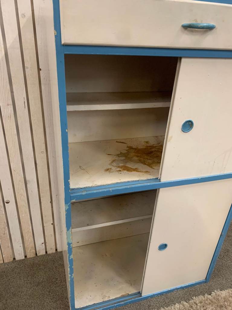 Kitchen Cabinet / Larder. Vintage 1950s in White +Blue Edge (Restoration Work Required)
