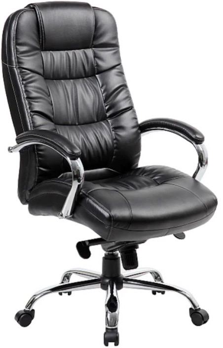 Black leather desk chair with chrome base & hooded castors