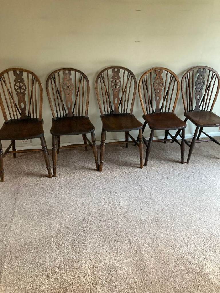 5 x Antique Windsor George IV Elm & Beech Farmhouse Kitchen Dining Wheel Back Chairs