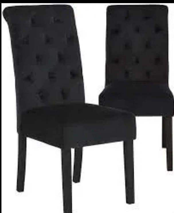 PAIR OF VELVET SCROLL BACK DINING CHAIRS IN BLACK