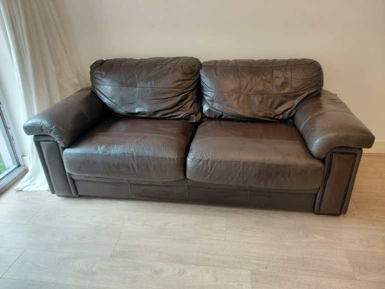 Comfy Brown Leather Two-Seater Sofa – Fair Condition