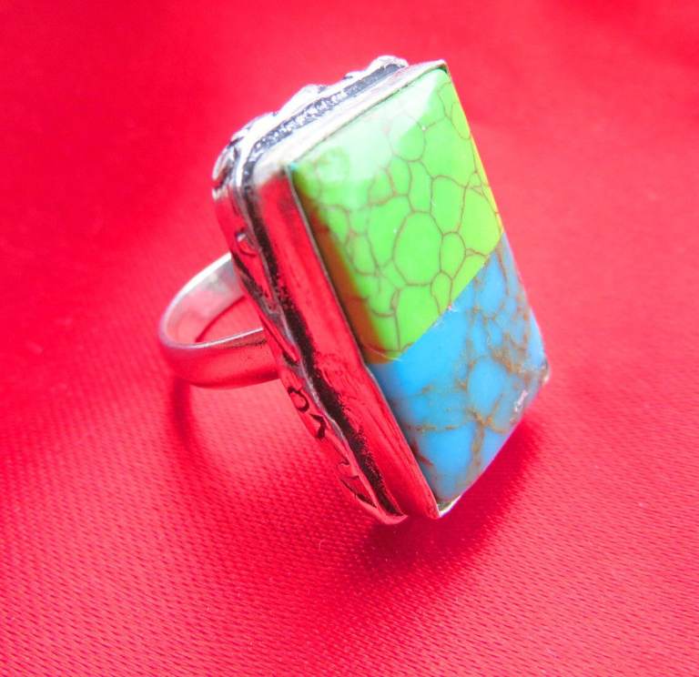 Pretty Mosaic Bar Shaped 925 Silver Ring, Green Shades, Engraved, Size - 9