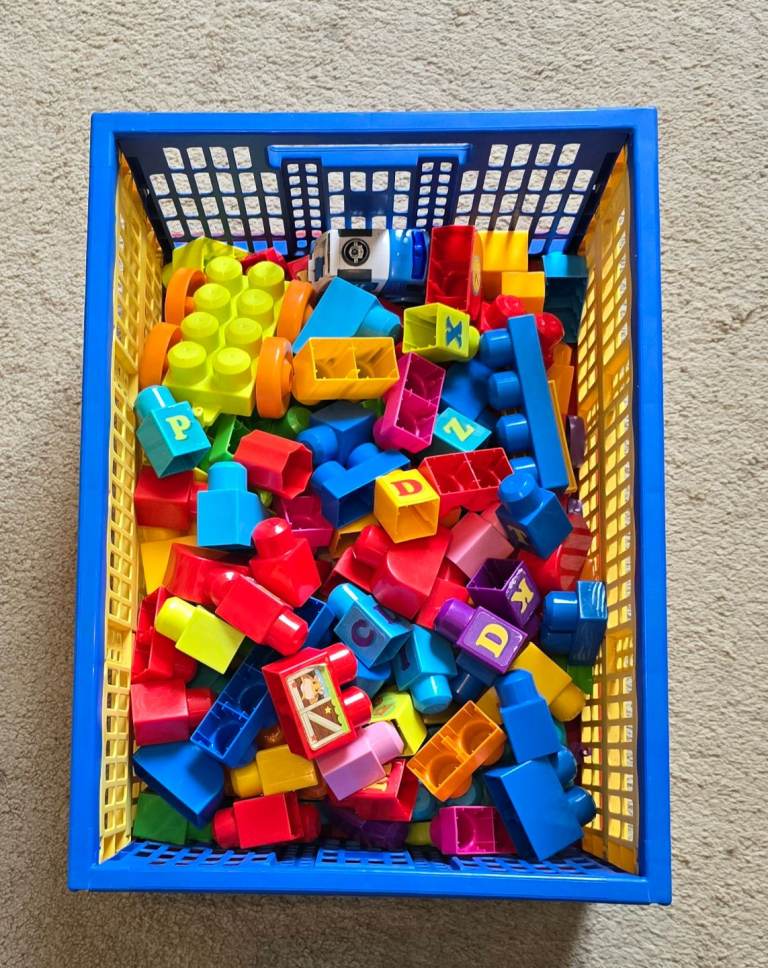 Large Lego pieces in crate