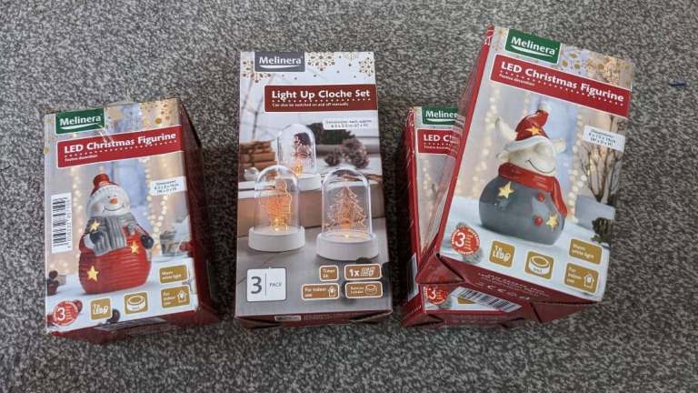 LED Chritmas Figurine & Light Up Cloche Set NEW  