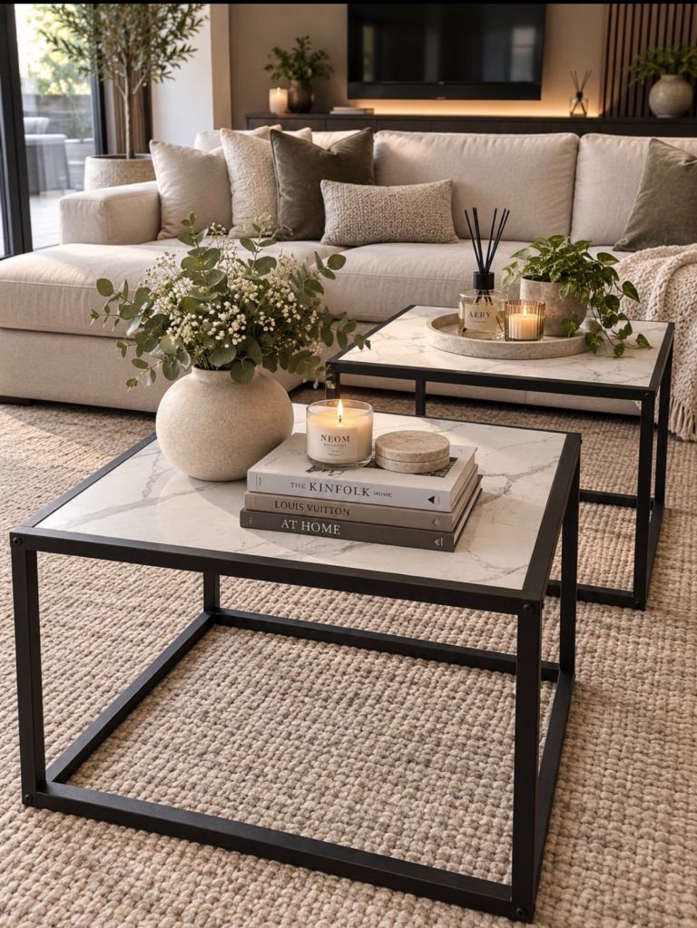 Set of 2 Modern Coffee Tables – White Marble Effect & Black Metal