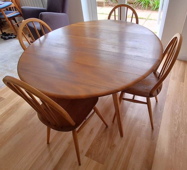 1960's Ercol Vintage Oval Drop Leaf Dining Table & 4 Chairs