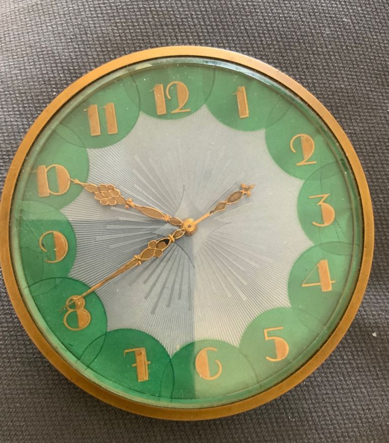 image for Vintage Swiss “Chevron” 8-Day Desk Clock – Guilloché Enamel Dial – c.1940s