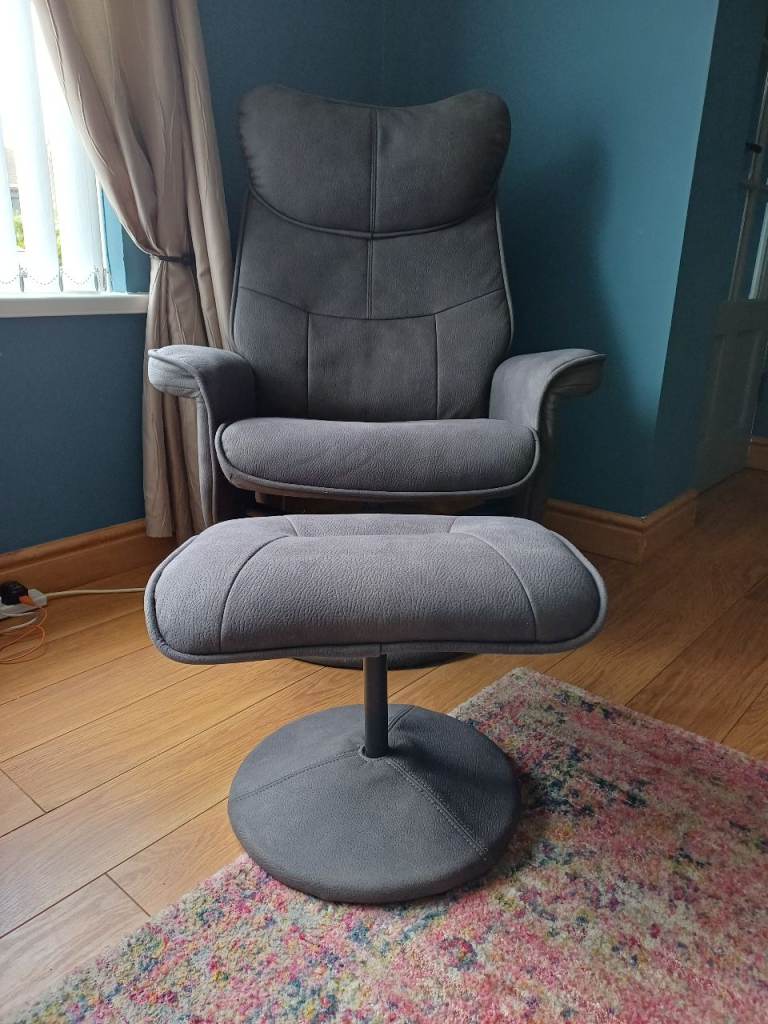 Comfy Grey Fabric Swivel Chair with Matching Footstool