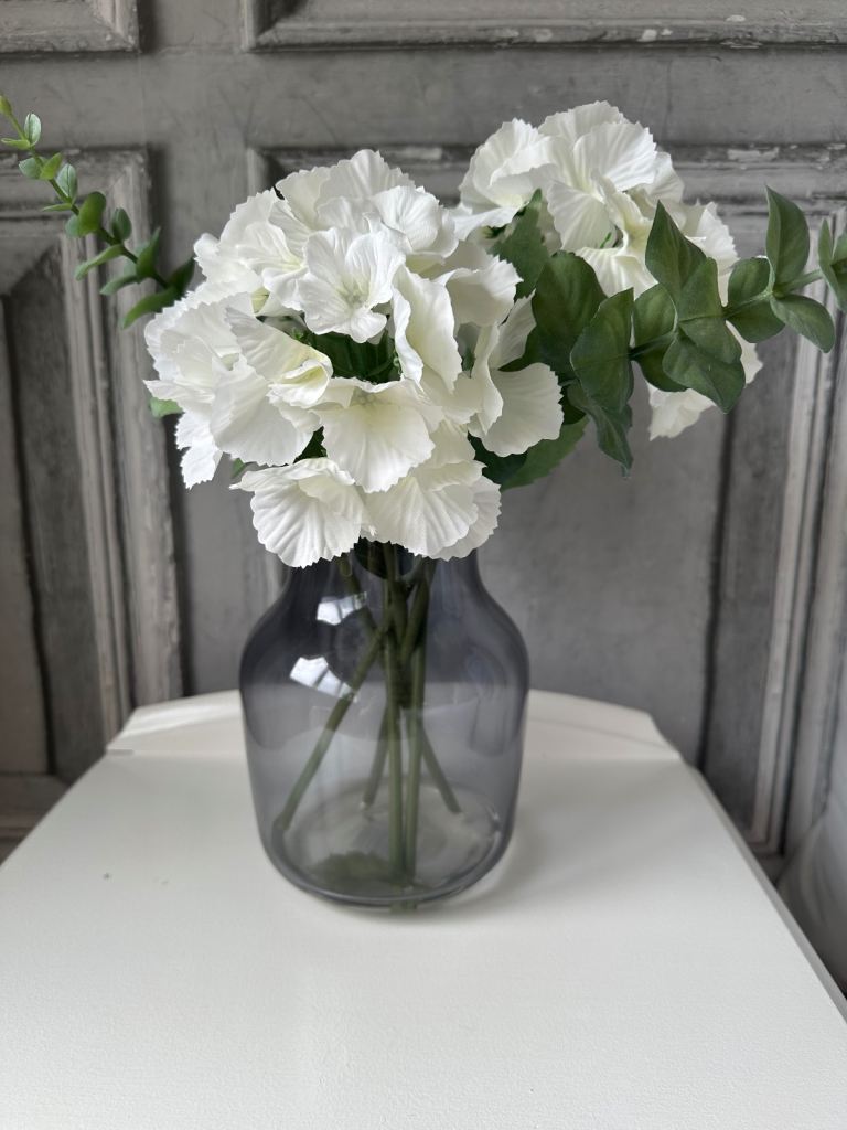 image for Contemporary faux hydrangea in smoky glass pot (collect near junction 35 off M1)