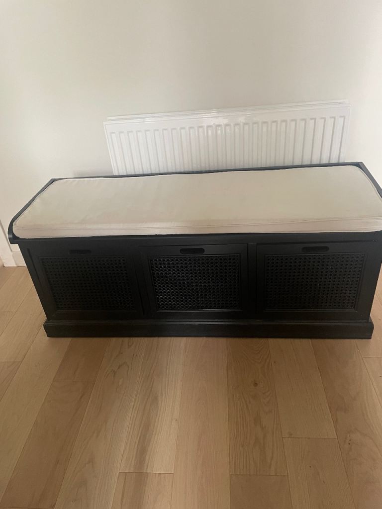 Black Wooden Storage Bench with Cream Cushion – Good Condition