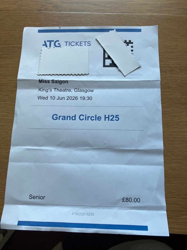 Two Miss Saigon Tickets, Glasgow, Wednesday 10 June