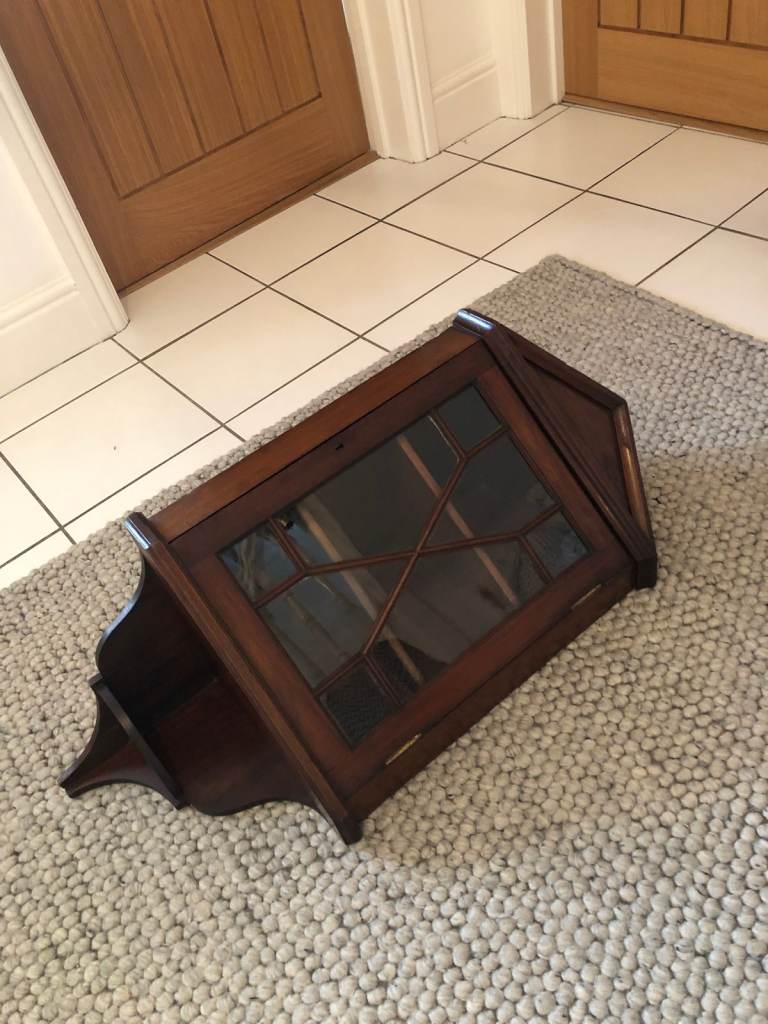 Vintage Dark Wood Glass Fronted Wall Corner Cupboard