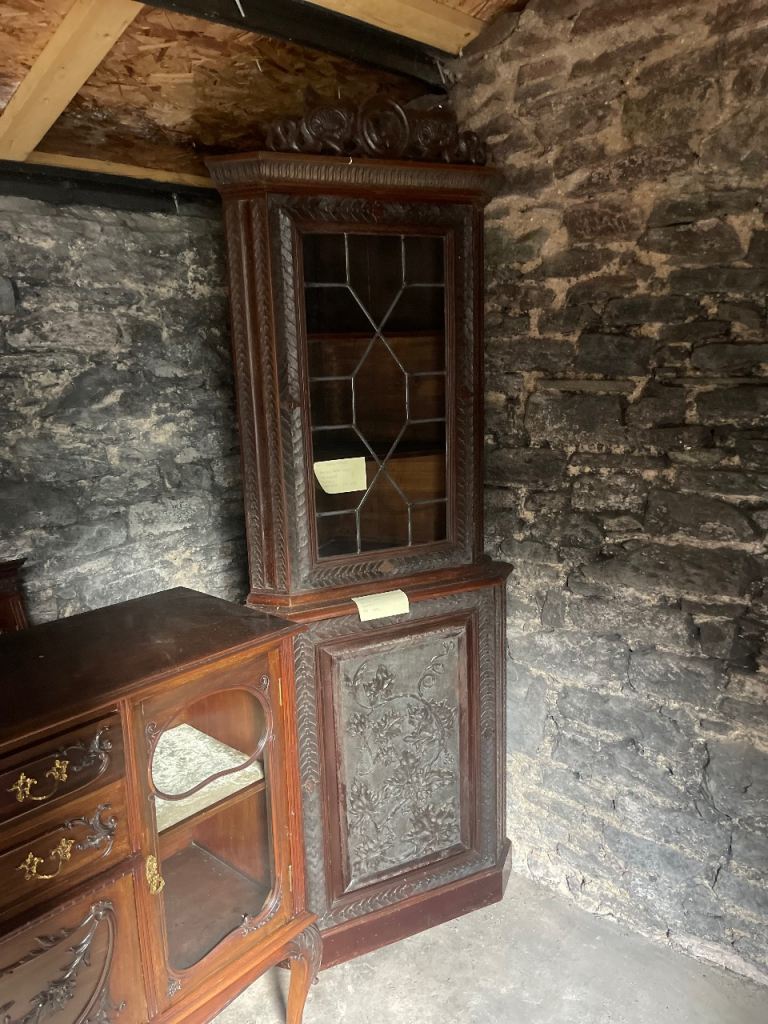 Antique carved Chest of drawers and corner glass cabinet 