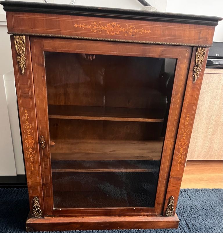  Antique Walnut Inlaid Pier Cabinet With Key. Circa 1870-1880.