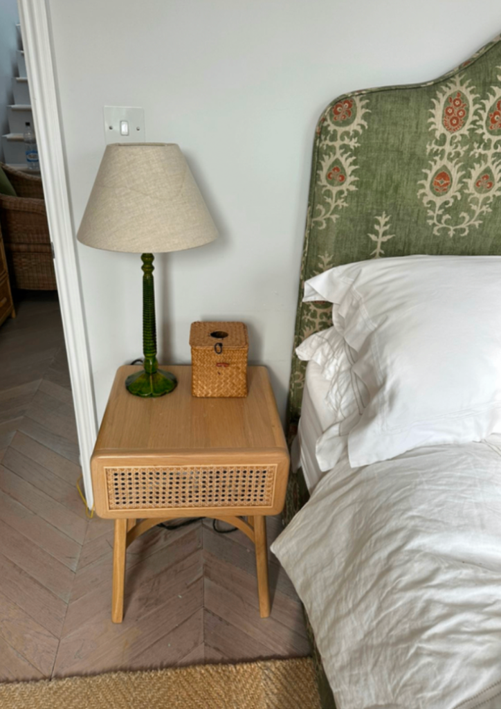 Volga Linen Double Headboard – Green Ikat Pattern, guest bedroom, pristine condition