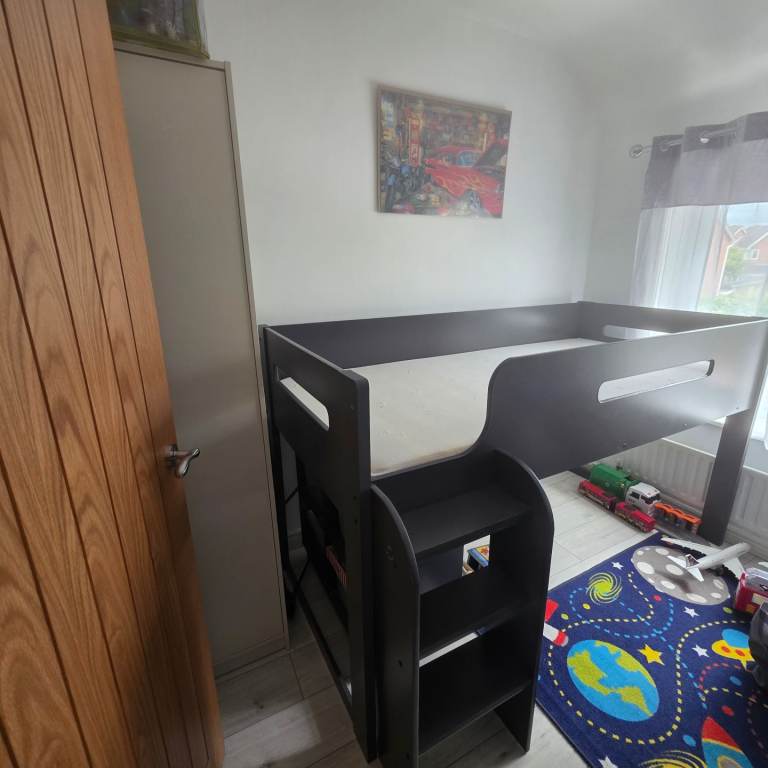 Full size kids bunk bed with mattresses, drawers and shelf unit