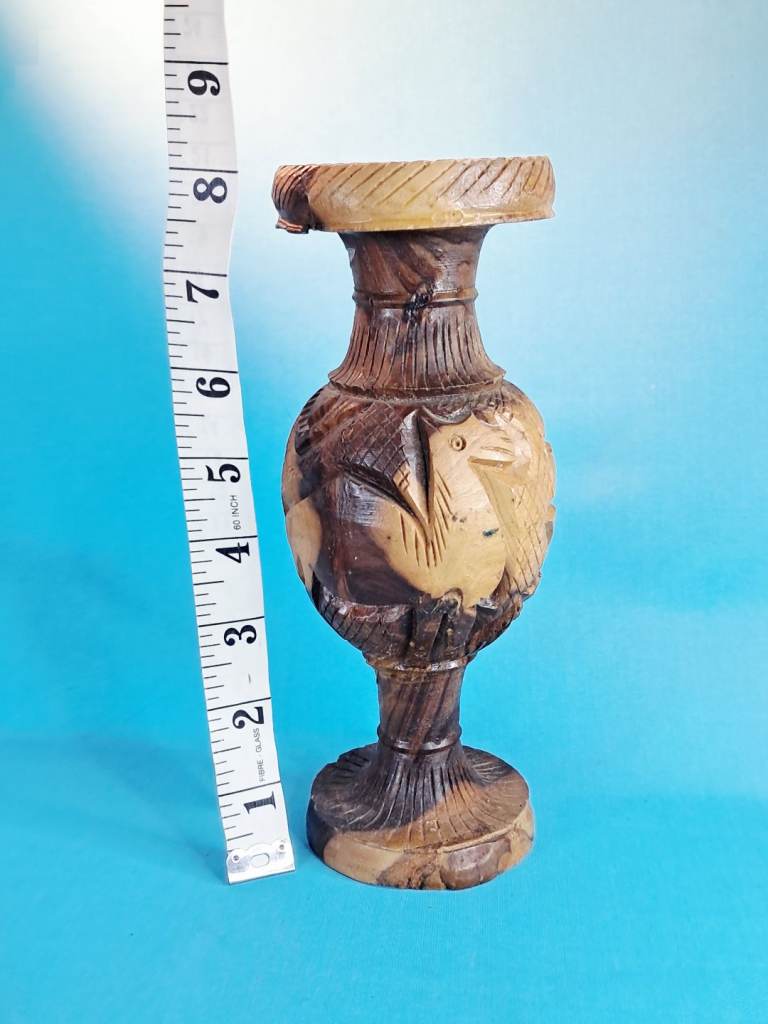 This is a Vintage hand-carved olive wood vase,  brown  colour. Good condition. 
