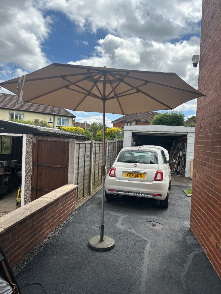 Large Beige Garden Parasol with Base – Good Condition