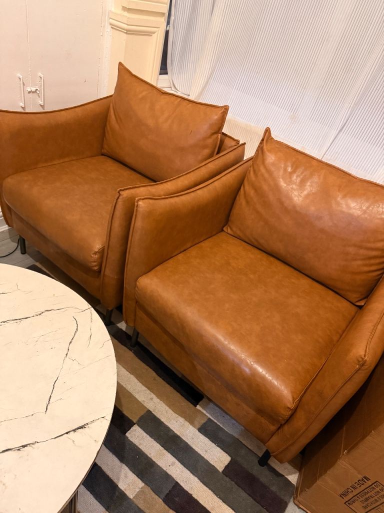 Pair of Tan Leather Armchairs – Good Condition