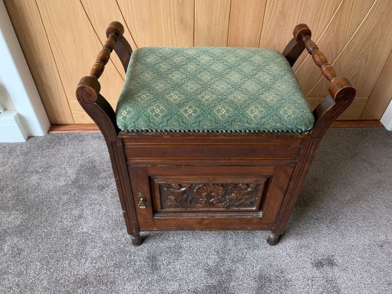 Vintage Piano Stool, upholstered, with storage cupboard