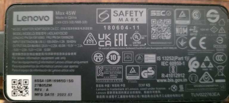 Lenovo 45W laptop charger Model ADLX45YDC3D
