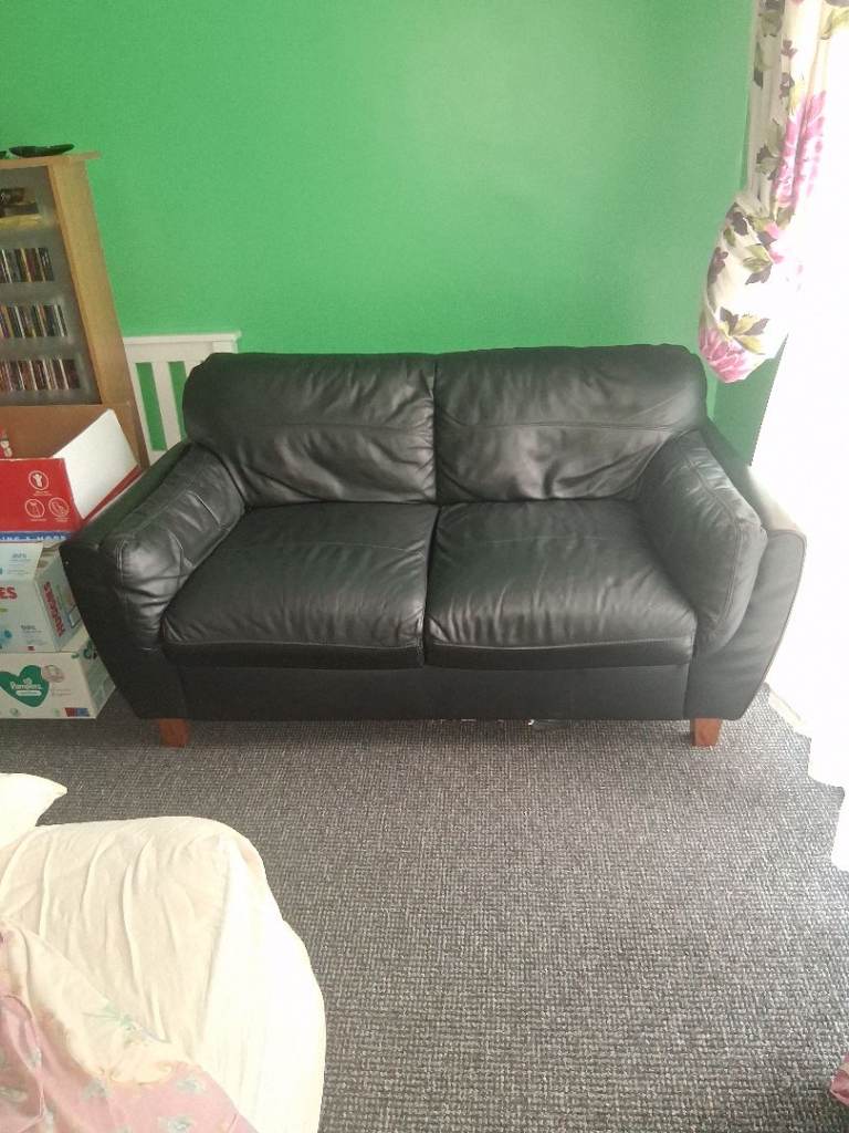 Black Leather Two-Seater Sofa – Good Condition