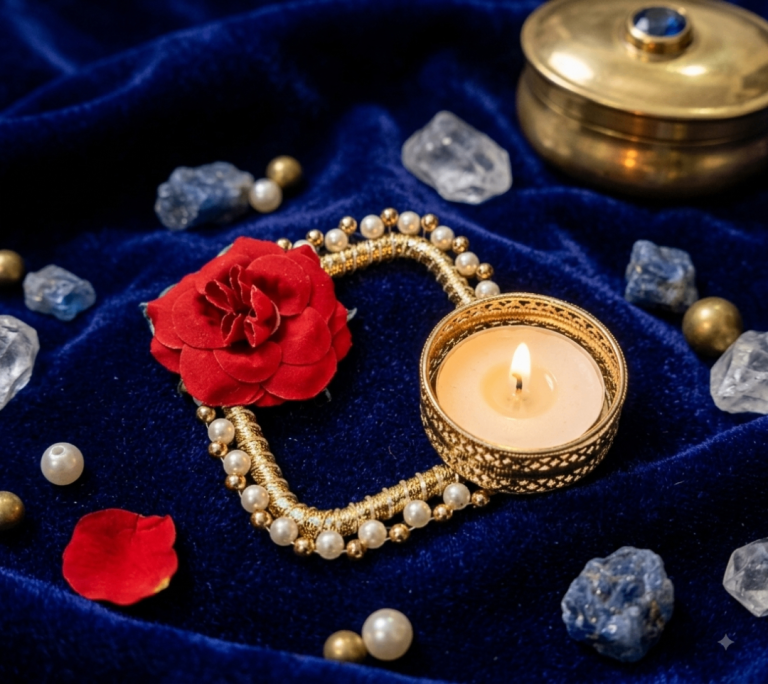 Lovely Gold Metal Tealight Holder with Red Rose Decor