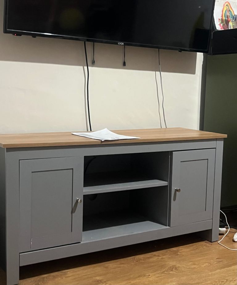 Grey TV Unit with Oak Effect Top – Good Condition