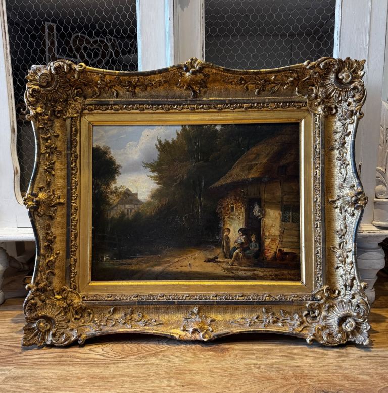 Antique 19th Century Oil Painting ‘Children by a Cottage Door’  