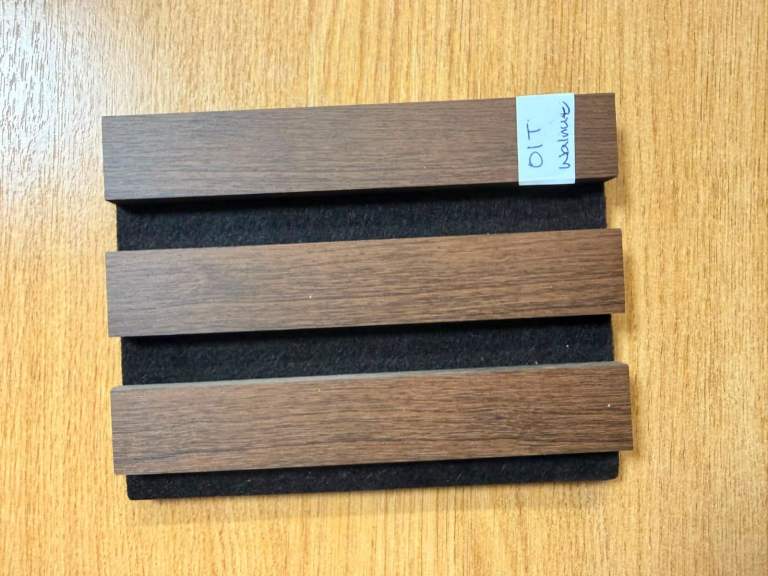 New Walnut Wood Slat Sample Board on Dark Felt
