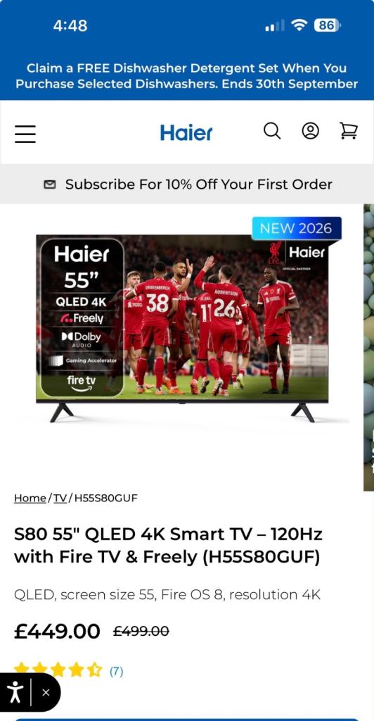 Haier S80 55” 4K QLED Smart TV w/Built in Fire TV