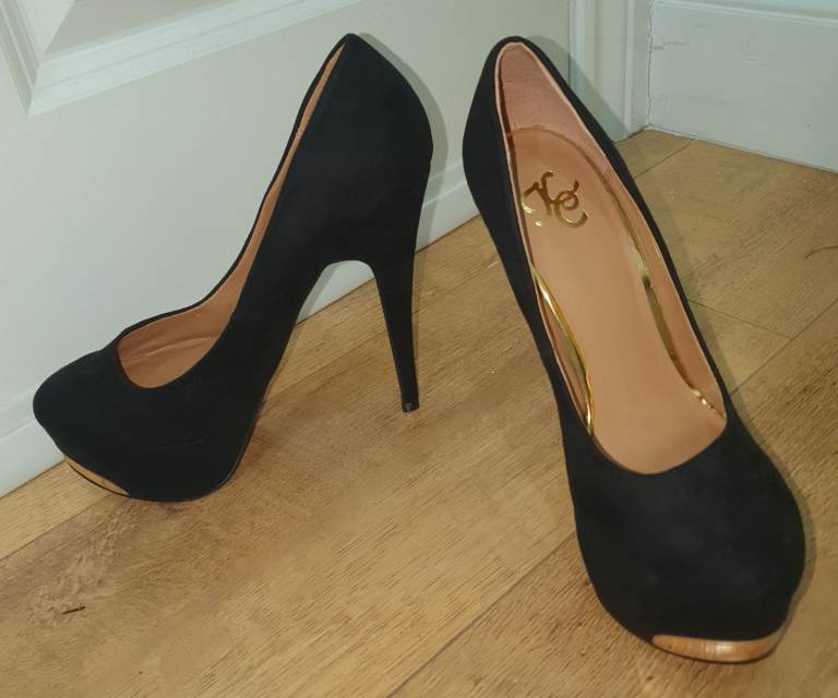 KE Womens Black Gold Faux Suede Stiletto Platform High Heel Pumps Shoes Size 5 38