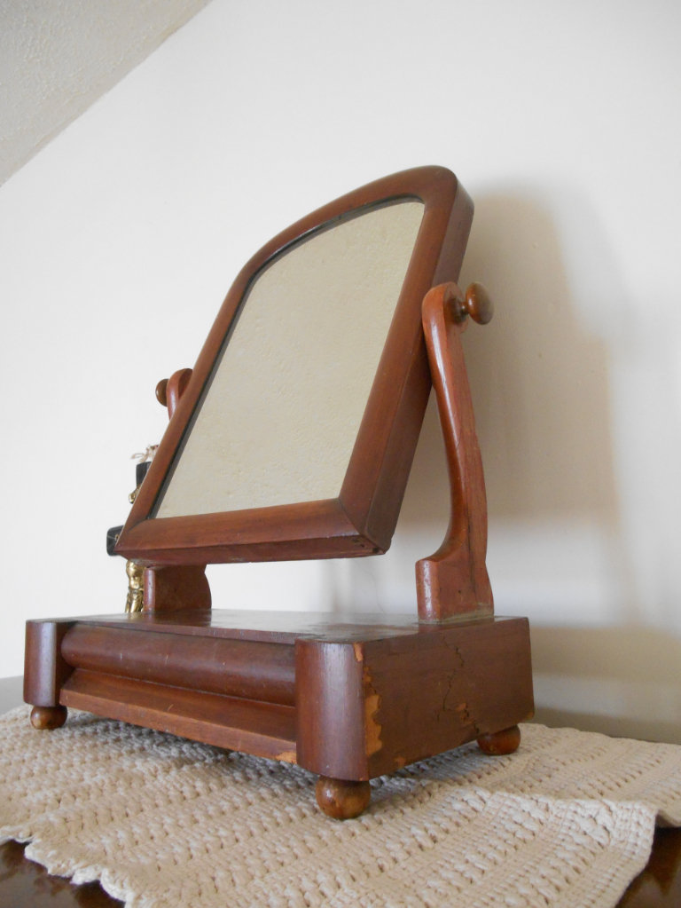 Wood Dressing Table Mirror on a stand with drawer, swivel mirror, Vintage