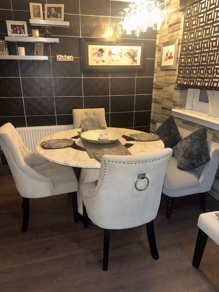 Round marble table with 4 chairs and bench 