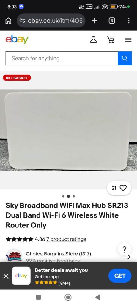 Sky Broadband WiFi Max Hub SR213 Dual Band Wi-Fi 6 Wireless White Router