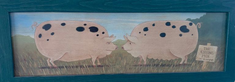 MARTIN WISCOMBE “THE KISSING PIGS” SIGNED PICTURE IN FRAME 22 INCHES WIDE X 8 INCHES HIGH